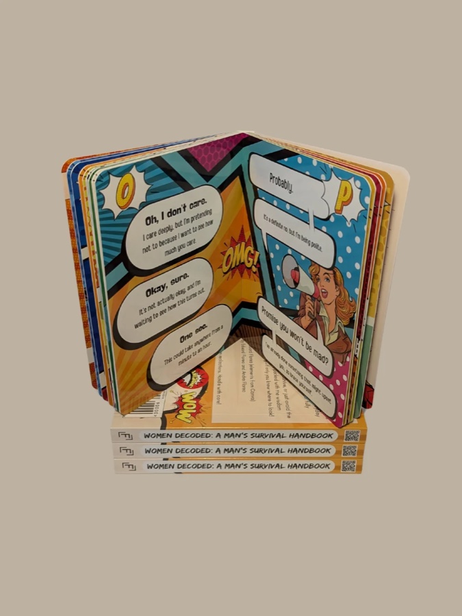 Women Decoded standing open on a stack of copies, showing the thick board pages